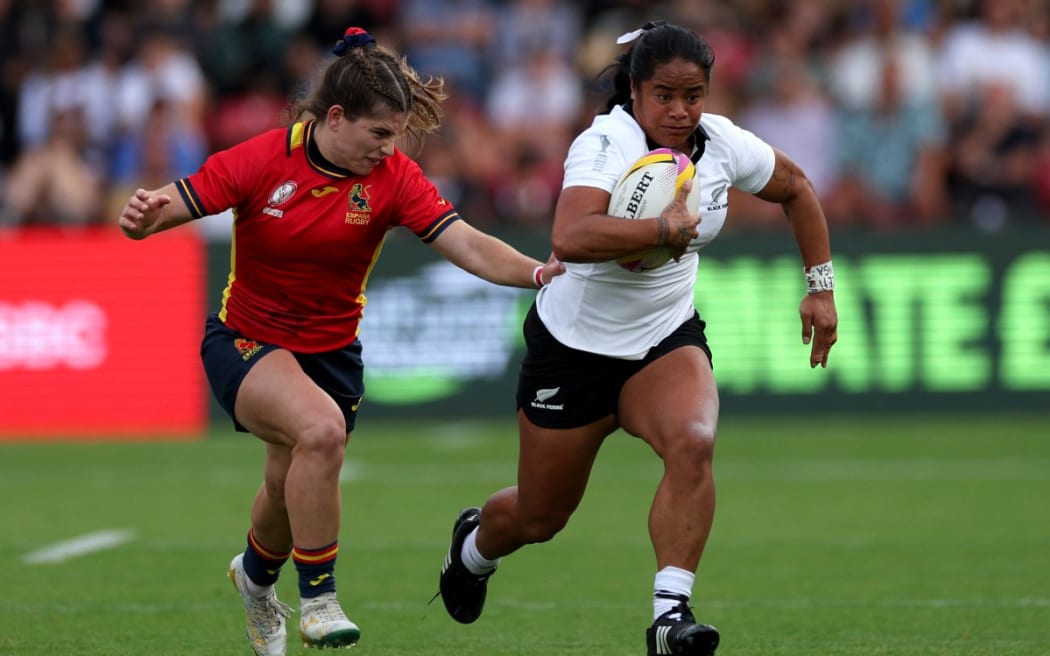 New Zealand's wing Ayesha Leti-I'iga is tackled by Spain's centre Claudia Pena Hidalgo during the Women’s Rugby World Cup pool C match between New Zealand and Spain at York Community Stadium, York, northern England, on August 24, 2025.