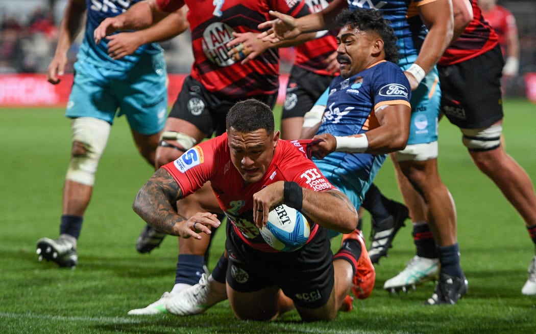 Codie Taylor of the Crusaders scores a try.