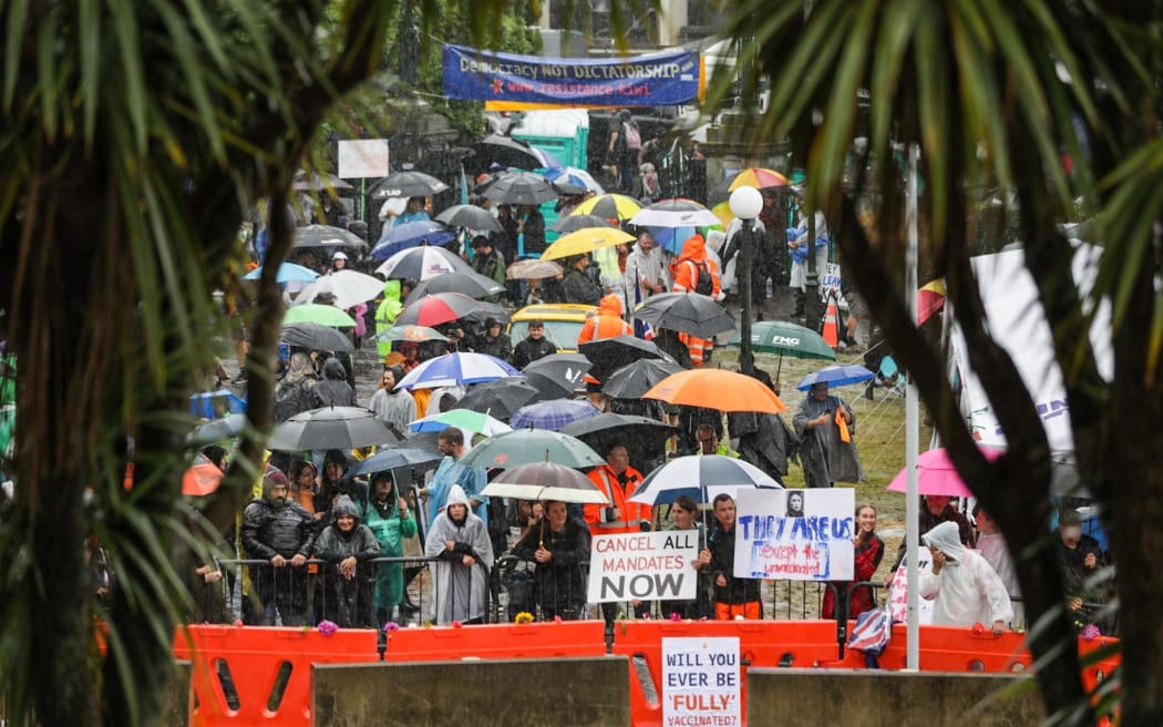 The Covid mandate protest at Parliament on a very wet Saturday, 12 February 2022.