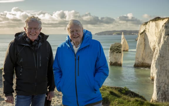 Keith Scholey and David Attenborough on location while filming 'Ocean with David Attenborough'.