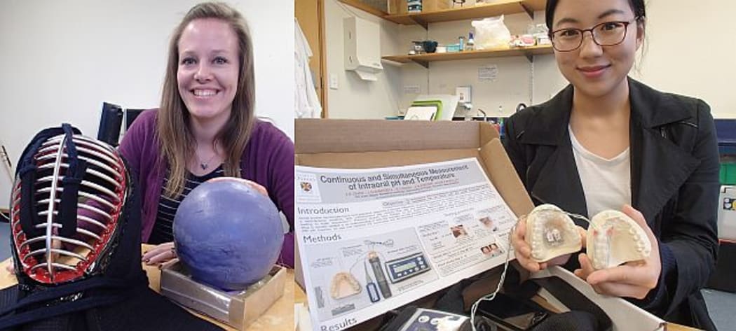 PhD student Lisa Falland (left) is developing a skin-skull-brain model to investigate impacts and concussive brain injury. The helmet is Kendo martial art's protective gear. Fellow PhD student Joanne Choi is investigating dental erosion caused by acid in the mouth.