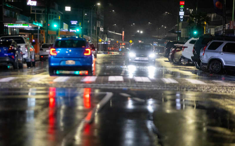 Queens Drive, central Lower Hutt: Heavy rain has been falling, on 18 April, 2026, causing flooding in some places, and more rain is expected.