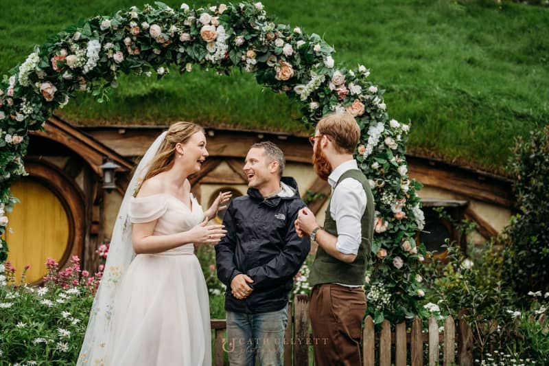 Jess and Sharik get surprised by Lord of the Rings star Elijah Wood at their wedding at Hobbiton, Matamata on 27 October, 2025.