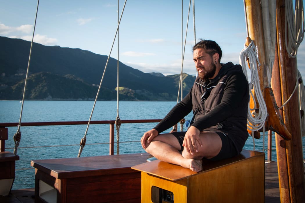 Captain John Reid briefs the crew ahead of the overnight sail to Gisborne.