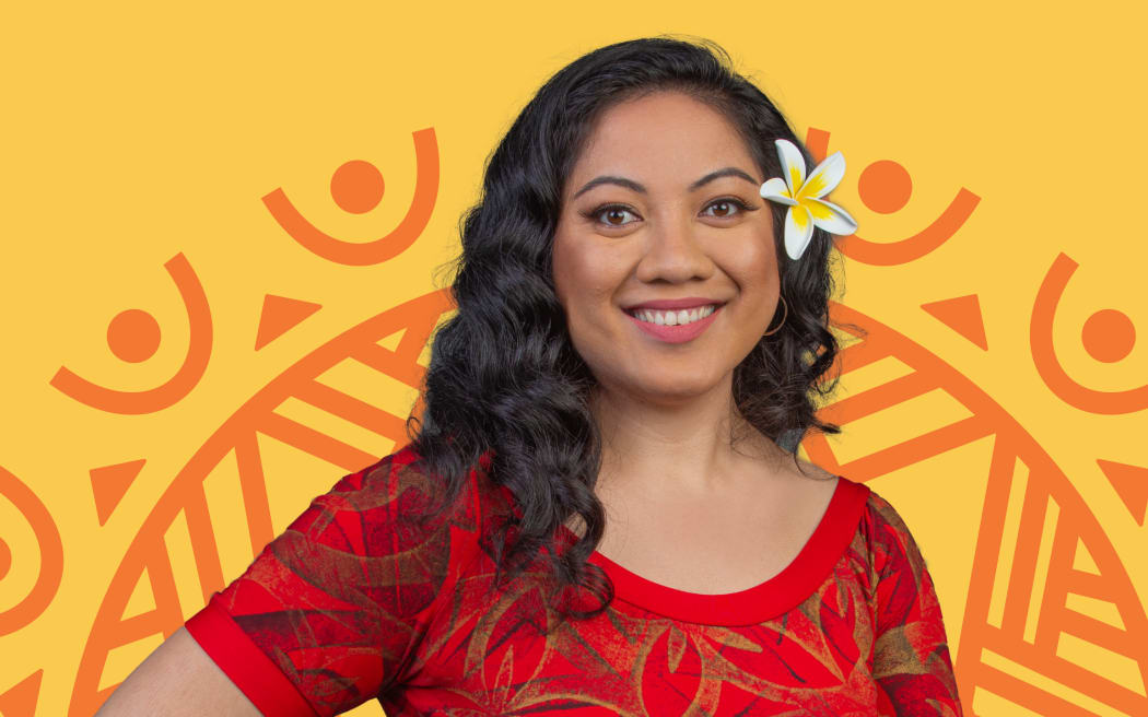 An illustrated motif representing people from the Pacific gathered around a sun sits behind a photographic portrait of Susana Suisuiki.