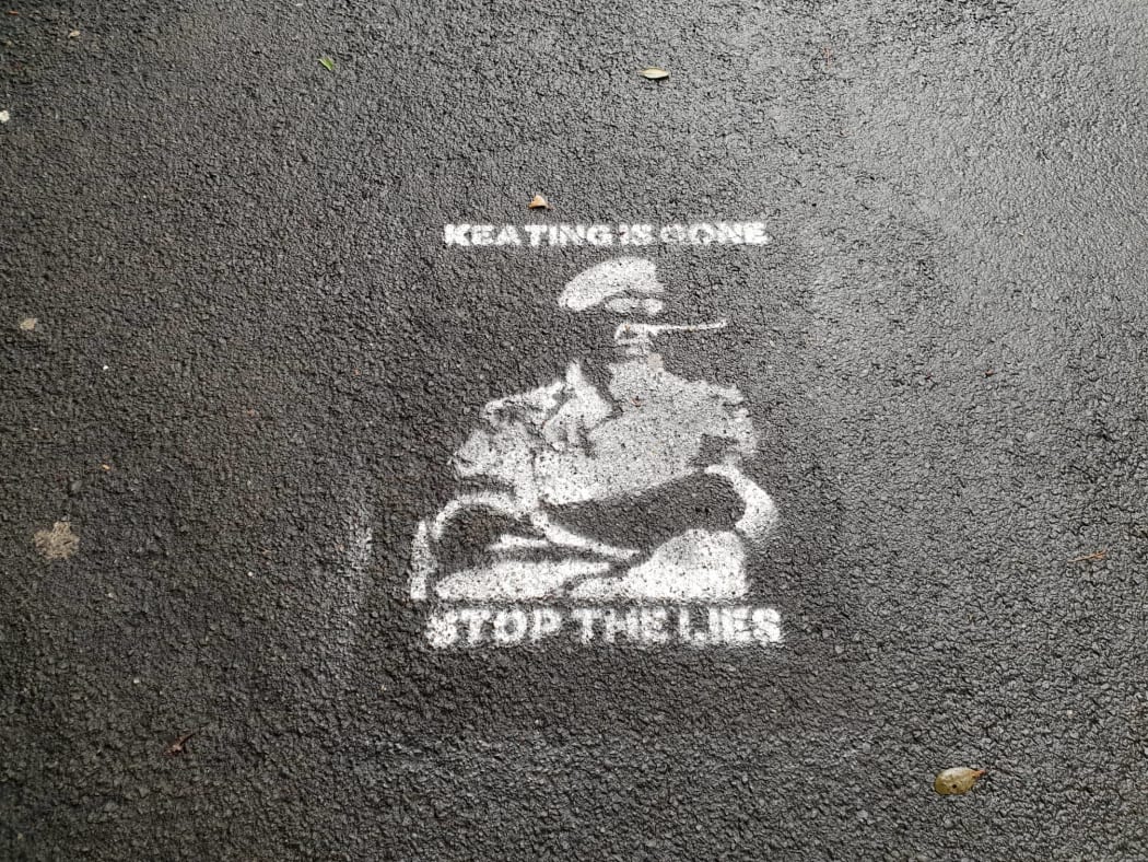 Graffiti has popped up on the streets of Wellington referring to the recently departed chief of Defence Tim Keating.