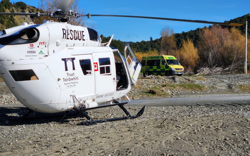 After months of wet weather the Trust Tairāwhiti Eastland Rescue Helicopter has had to seek alternative landing sites, such as this rocky riverbed near Tikitiki, where an elderly woman was suffering a critical medical event.