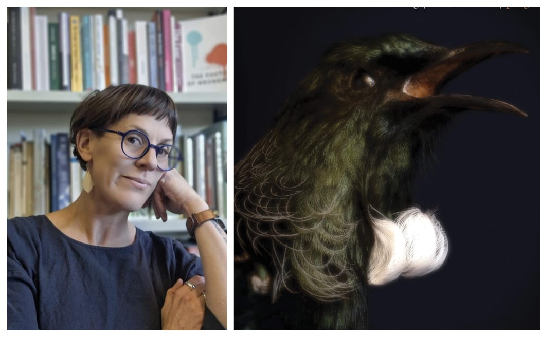 Head and shoulders shot of women in glasses with  bookshelves behind and artwork of Tui for journal cover