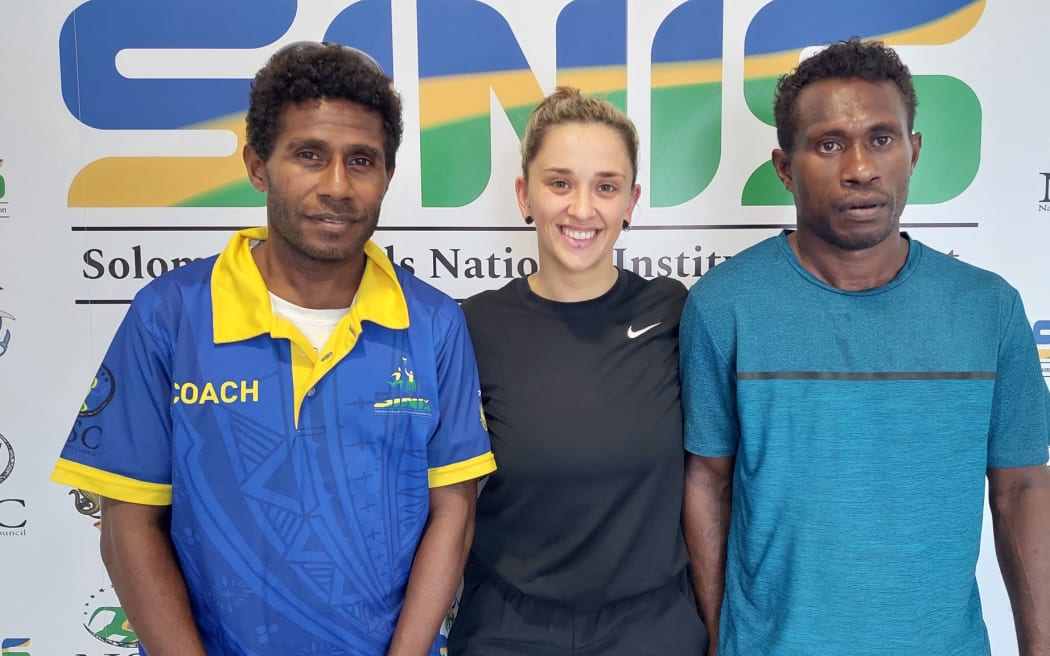 (From L-R)  Solomon Islands World Taekwondo Union (SIWTU) head coach Junior Maetia, Australia's Taekwondo Gold medalist and coach Bianca Scurry, and SIWTU Assistant head coach Gibson Sira at the High Performance Centre in Honiara.