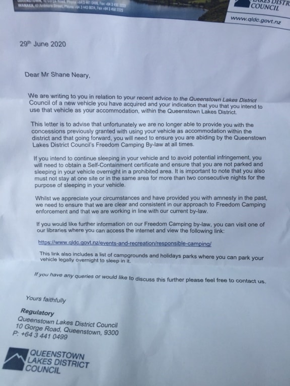 Letter from Queenstown Lakes District Council to Shane Neary