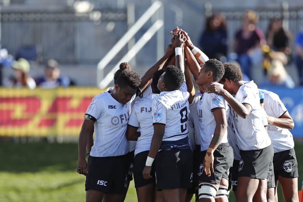 The Fijiana team huddle during the USA Sevens in Colorado.