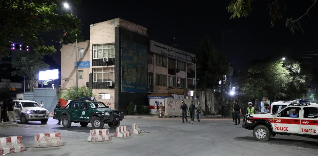 Security forces take measures after powerful explosion with a bomb-laden vehicle followedby gunfire near residence of Afghan defense minister Bismillah Khan Mohammadi in Kabul.