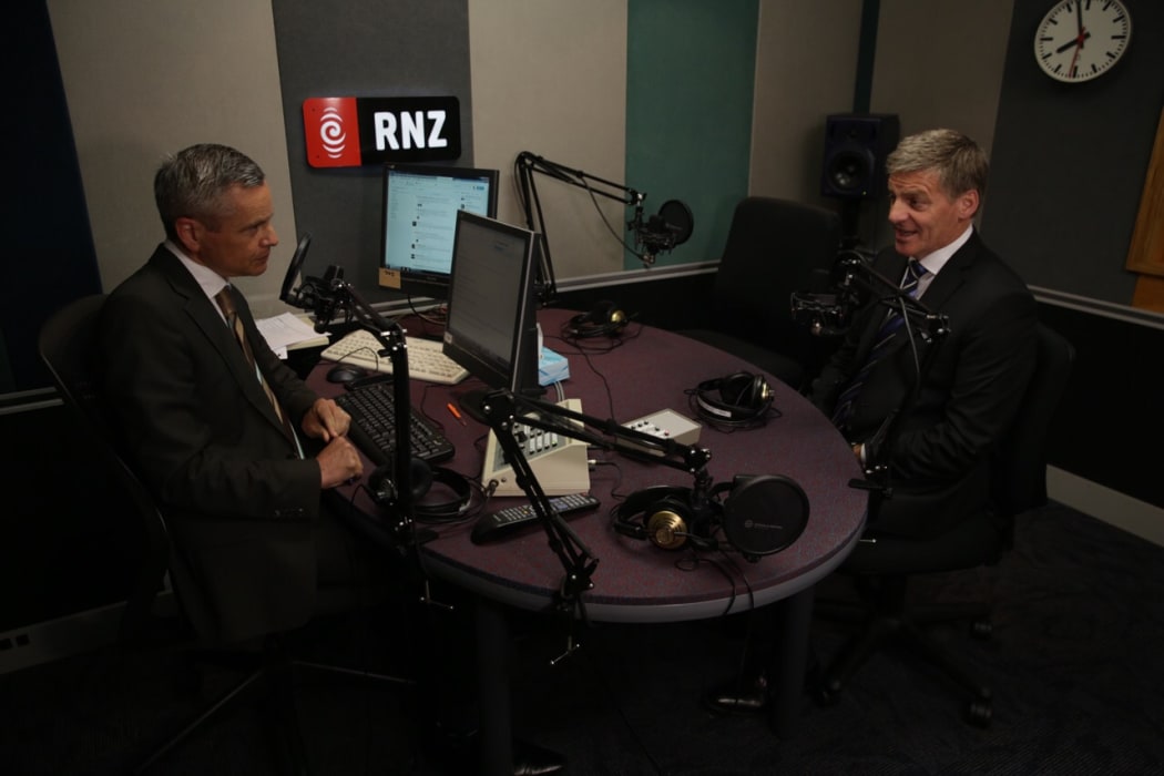 Bill English and Guyon Espiner in the studio for Morning Report
