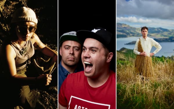 Composite image of artists (from left) Te Whanganui-a-Tara rapper-singer-producer MĀ, Dillastrate duo Henare 'H' Kaa and Tim Driver and singer Marlon Williams.