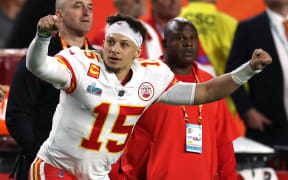 Patrick Mahomes of the Kansas City Chiefs celebrates after defeating the Philadelphia Eagles 38-35 to win Super Bowl LVII.