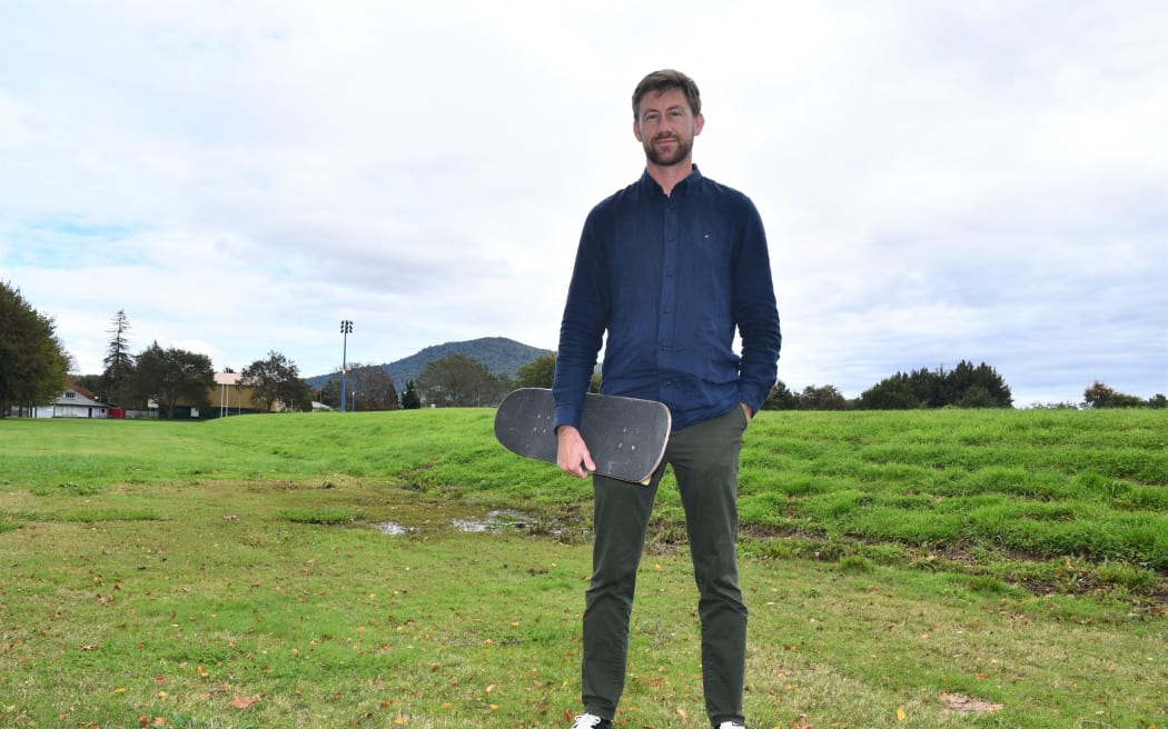 Skate park advocate Ryan Gray standing where the Kuirau Park skate park would be built.