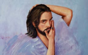 A painted album cover featuring a man in a lilac shirt, posing in front of a pastel blue wash.