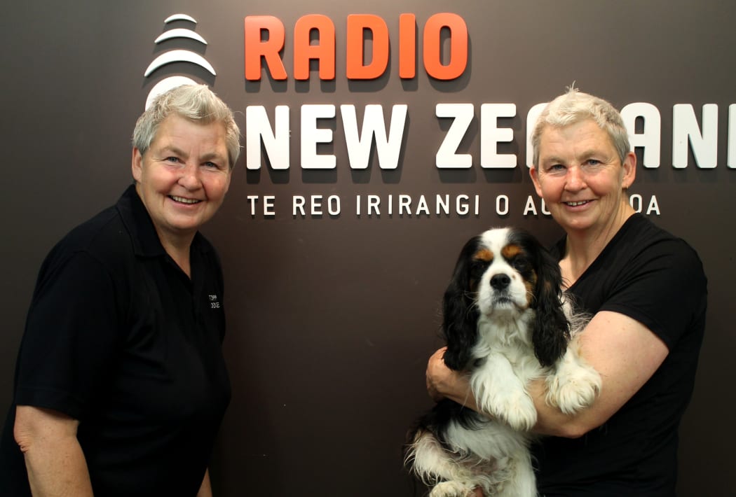The Topp Twins in the Radio New Zealand Auckland studios.