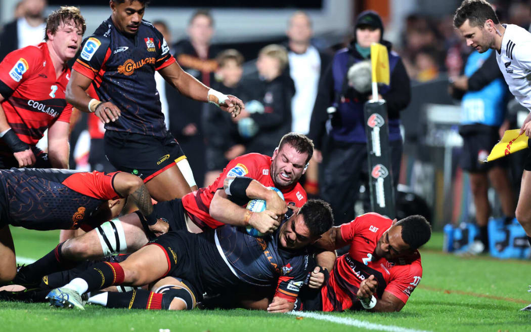 Quinn Tupaea during the Crusaders v Chiefs, Super Rugby Pacific match, Apollo Projects Stadium, Christchurch.