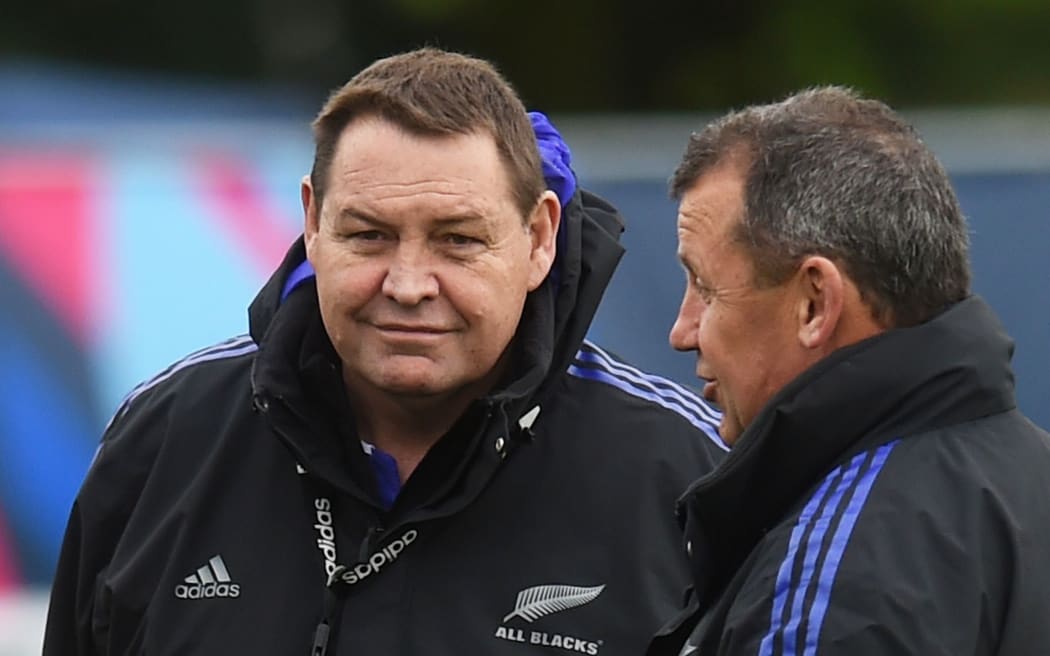 New Zealand coaches Steve Hansen and Ian Foster at All Blacks training at the Lensbury Hotel, Teddington, London. 2015 Rugby World Cup in England. Wednesday 16 September 2015. Copyright photo: Andrew Cornaga / www.photosport.nz
