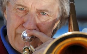 1312 2012 Photo Ross Giblin, copyright Dominion Post, Fairfax.Jazz musician Rodger Fox with his trombone in his trusty old Toyota van.