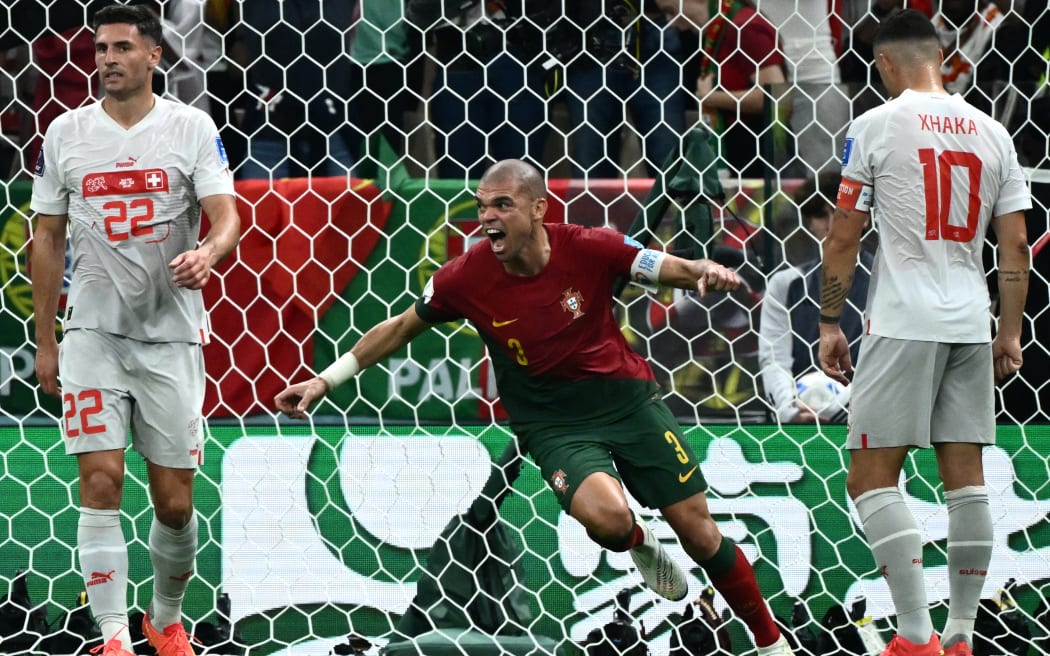 Portugal's defender Pepe celebrates scoring his team's second goal during the Qatar 2022 World Cup round of 16 football match between Portugal and Switzerland at Lusail Stadium in Lusail, north of Doha on 6 December, 2022.