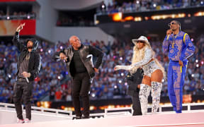 (L-R) Eminem, Dr. Dre, Mary J. Blige, and Snoop Dogg perform during the Pepsi Super Bowl LVI Halftime Show at SoFi Stadium on February 13, 2022 in Inglewood, California.