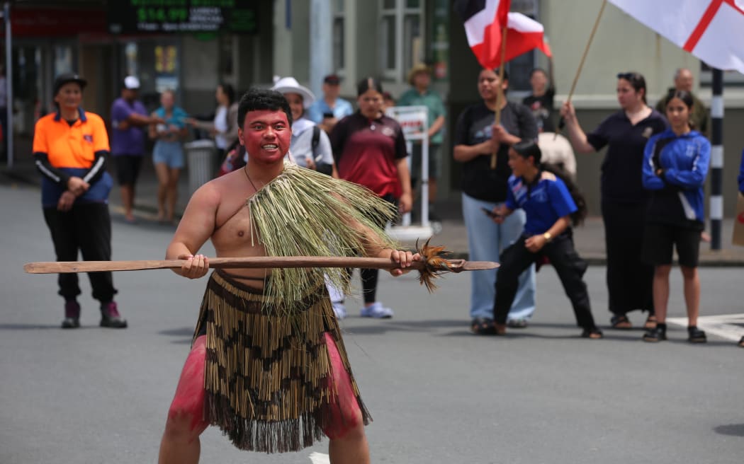 kaihaka in Dargaville as the Hīkoi mō Te Tiriti makes its way through the street.