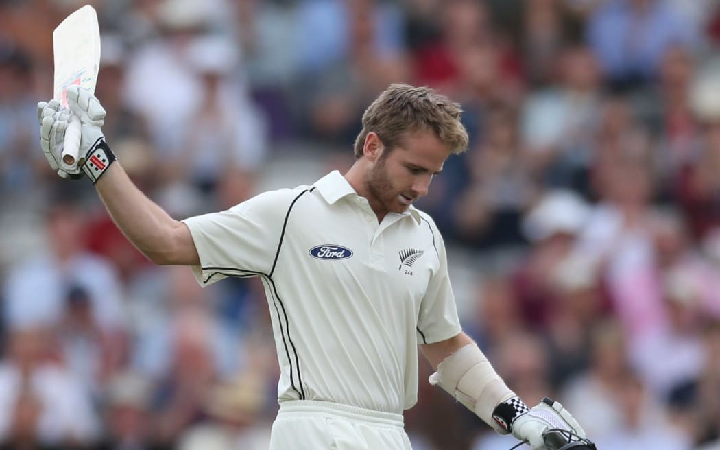 The Black Caps batsman Kane Williamson celebrates his century.