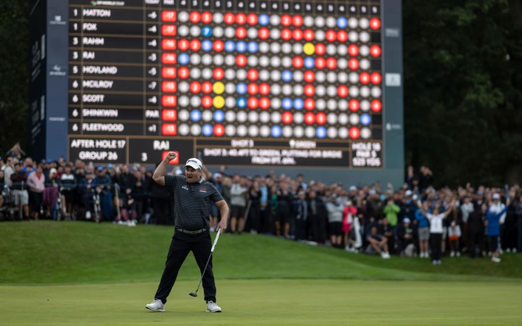 Ryan Fox celebrates winning the BMW PGA Championship 2023, Wentworth, England.