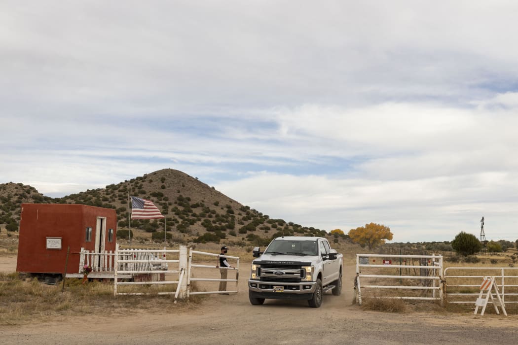 Security measures around the film set of "Rust" after Hollywood actor Alec Baldwin fatally shot a cinematographer and wounded a director when he discharged a prop gun on the movie set in Santa Fe, New Mexico