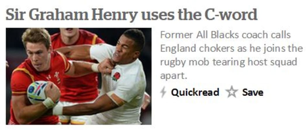 Screen shot of headline reading: "Sir Graham Henry uses the C-word"