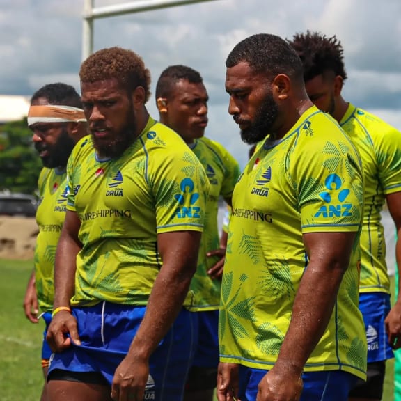 The Fijian Drua frontrow ready to pack down at a training game in Nadi on Wednesday as they prepare to play against Moana Pasifika in Round Two on Saturday.