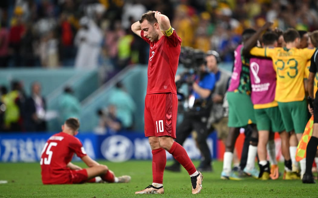 Denmark's midfielder #10 Christian Eriksen reacts after Australia won the Qatar 2022 World Cup Group D football match between Australia and Denmark at the Al-Janoub Stadium in Al-Wakrah, south of Doha on November 30, 2022. (Photo by Paul ELLIS / AFP)