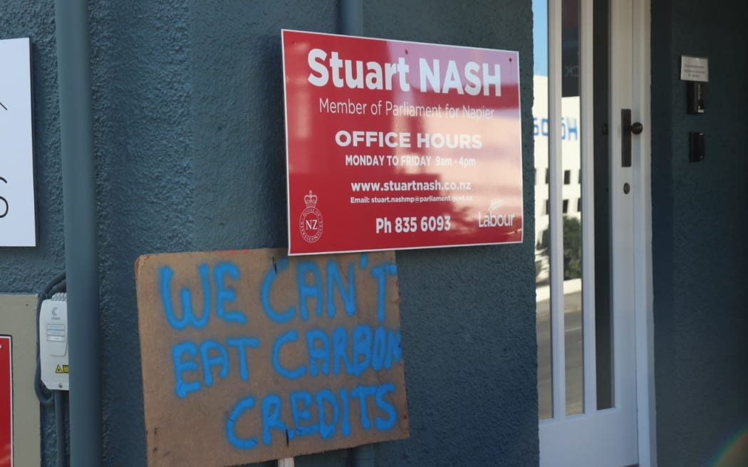 Protestors left their placards right outside local MP and forestry minister Stuart Nash's Napier office
