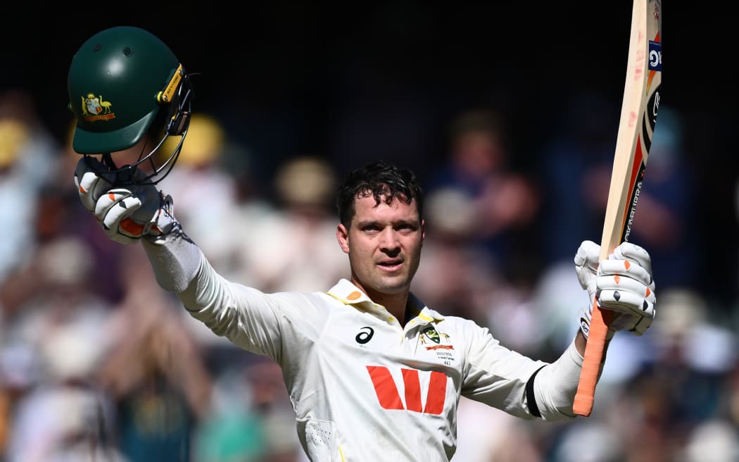 Alex Carey of Australia celebrates scoring a century, third Ashes Test, 2025.