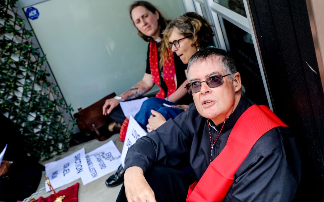 Clergy are protesting the government's lack of recognition for a Palestinian state at MP Erica Stanford's electorate office.