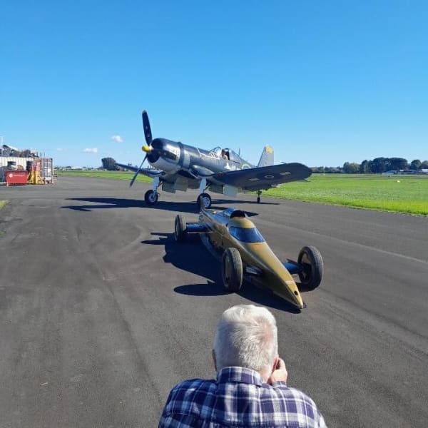 The car (front) that Dave Alexander will drive when he sets out to break the land speed record at Bonneville Salt Flats in the United States.
