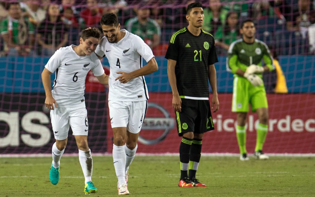Marco Rojas celebrates his goal with team mate Themi Tzimopoulos.
International friendly match of Mexico v New Zealand All Whites at Nissan Stadium, Nashville, Tennessee