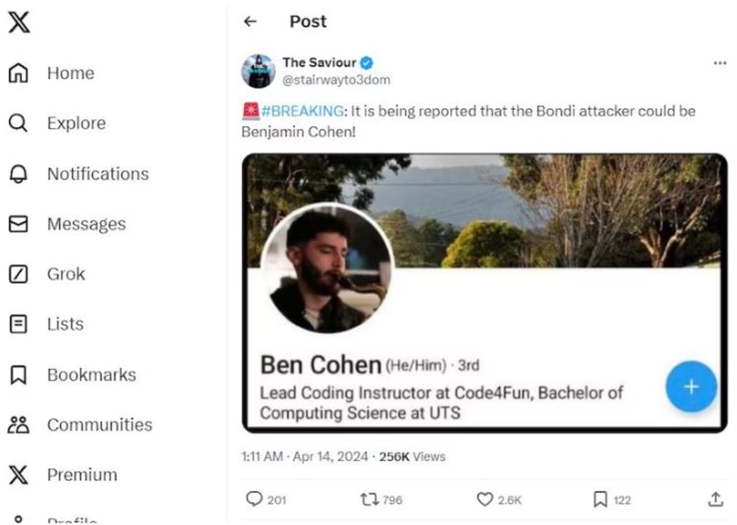 This tweet from a pro-Kremlin account accusing Benjamin Cohen of the Bondi Junction stabbings received more than 250,000 views.