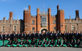 The Fiji team outside Hampton Court Palace in London, following their official Rugby World Cup welcoming ceremony.