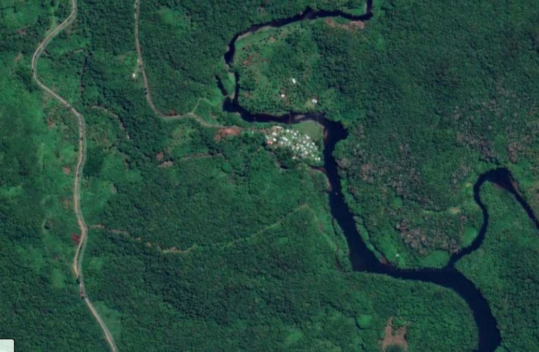 A satellite image of Cogea, where it sits at the junction of two rivers in Vanua Levu, Fiji.