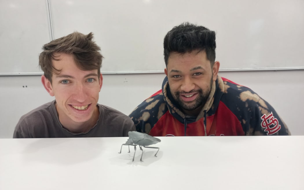 University of Canterbury students Joel Tregurtha and Te Matau O Te Rangi Allen with the 3D prototype of the brown marmorated stink bug model they’ve made.