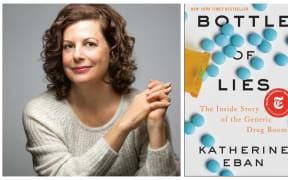 Katherine Eban and the cover of her book "Bottle of Lies"