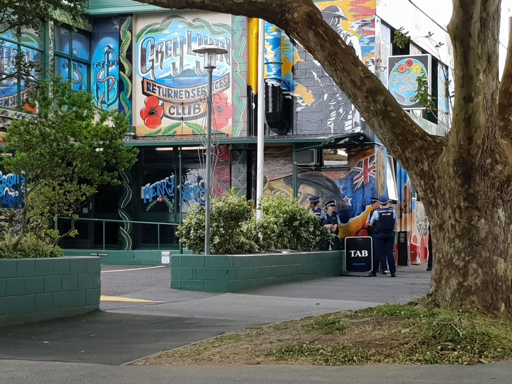 Police outside the Grey Lynn RSA in Auckland.