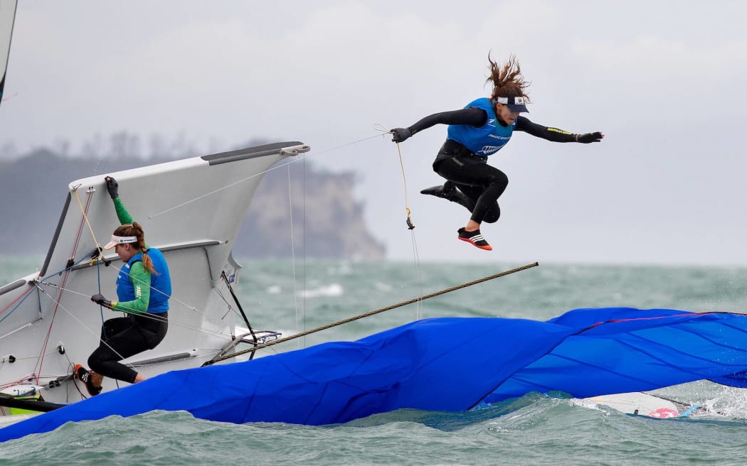 Olympic champions Martine Grael and Kahena Kunze in action at the world 49er FX championships.