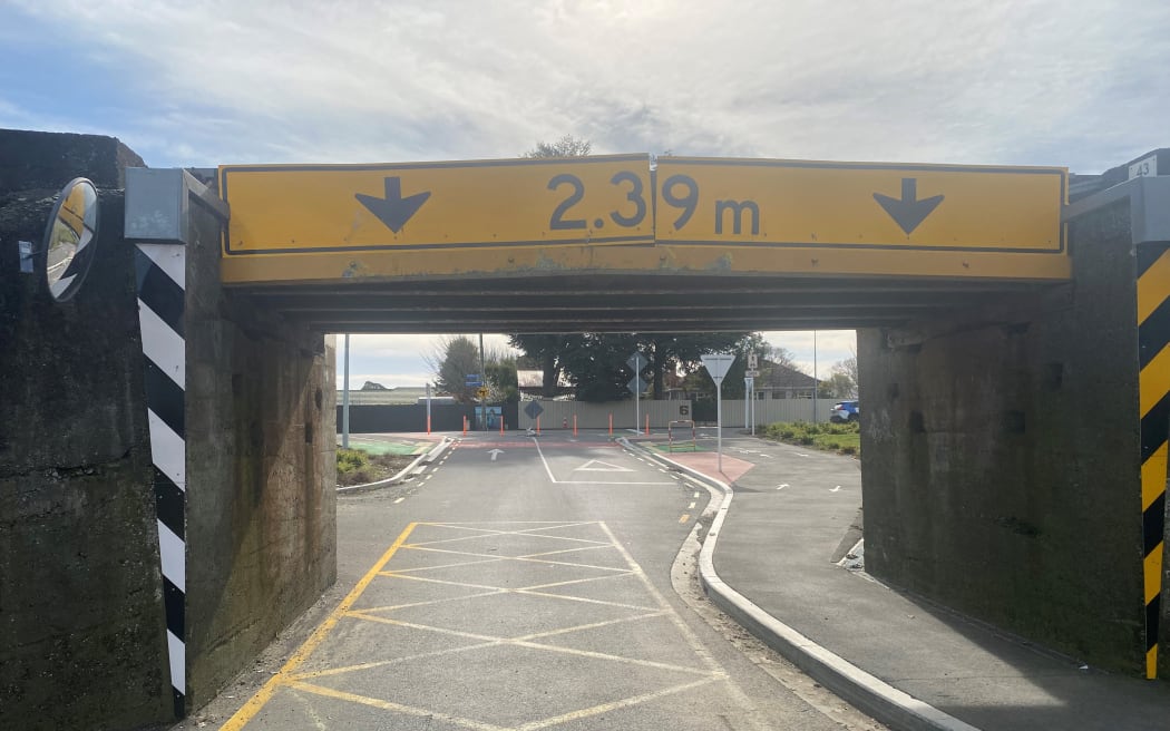 The Tinwald viaduct shows the visible signs of the crash that damaged the overhead impact beam, forcing the temporary closure.