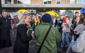 Liz Gunn arrives at the Manukau District Court on Tuesday ahead of what turned out to be the first day of her trial.