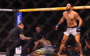 Nassourdine Imavov celebrates after defeating Israel Adesanya in their men's middleweight fight during the Ultimate Fighting Championship (UFC) Fight Night 250 in Riyadh on 1 February 2025.