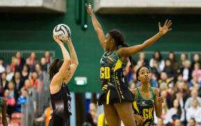 Silver Fern's Bailey Mes makes a shot at goal. New Zealand Silver Ferns v Jamaica, Taini Jamison Trophy international netball, Arena Manawatu, Palmerston North,